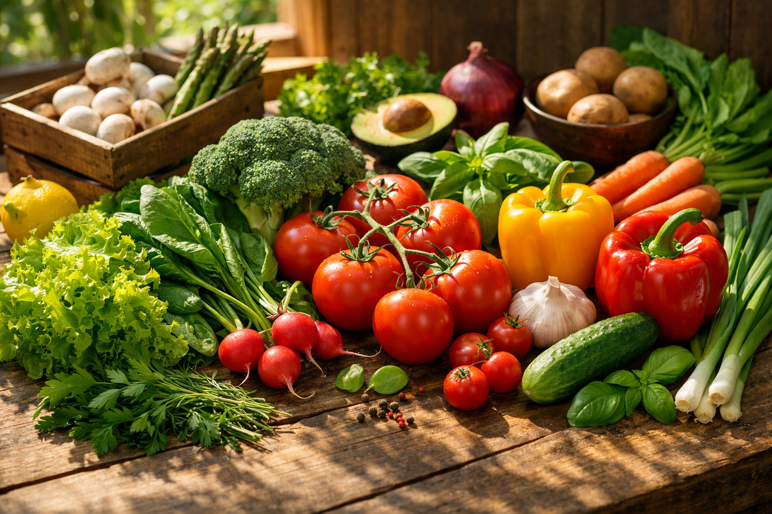 Fresh vegetables and herbs on a wooden table with natural sunlight, healthy eating concept, whole foods, leafy greens, tomatoes, bell peppers, colorful produce