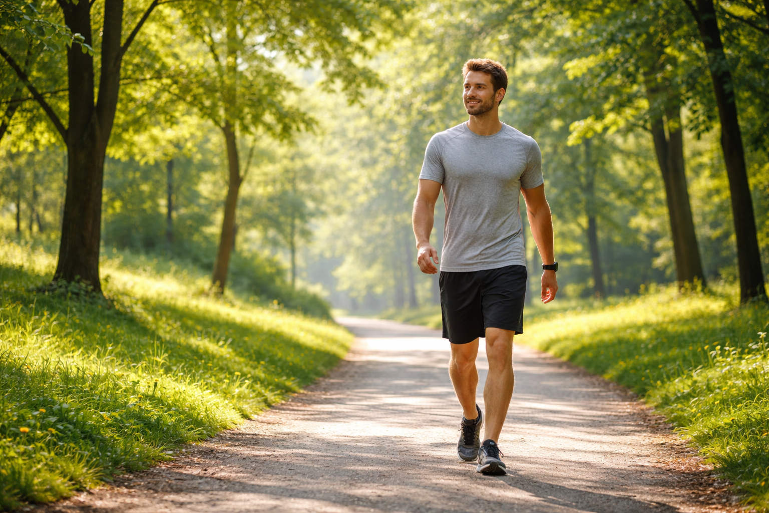 Man walking in a peaceful park with green trees, morning exercise, outdoor activity, natural environment, healthy lifestyle